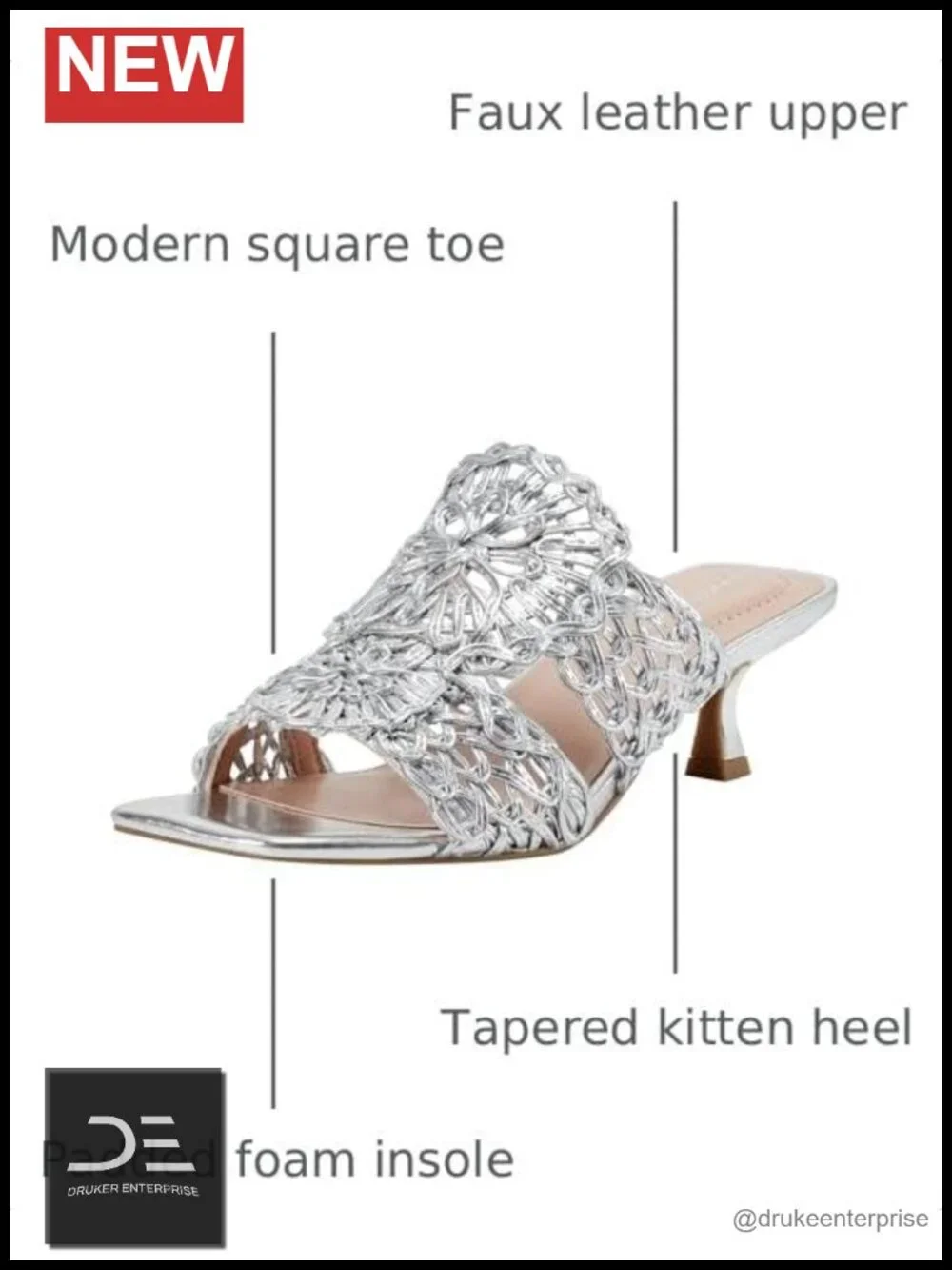 Women's Dressy Heeled Sandals - Faux Leather Kitten Heel Slip On Square Toe